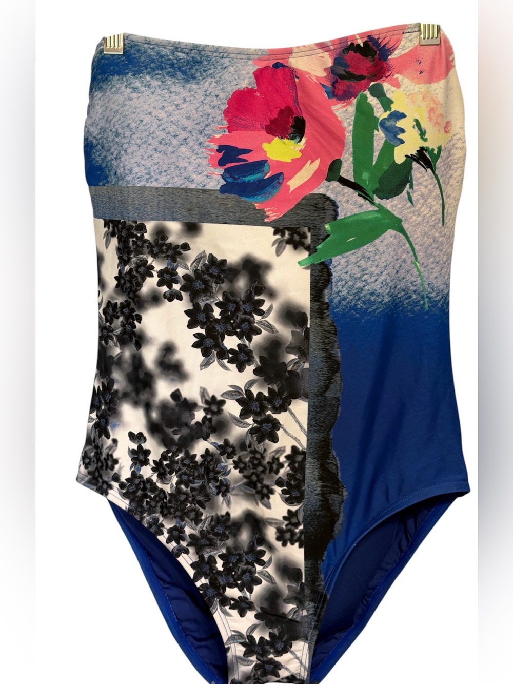 Calvin Klein Royal Blue Floral-Trim Strapless One-Piece Swim size 10